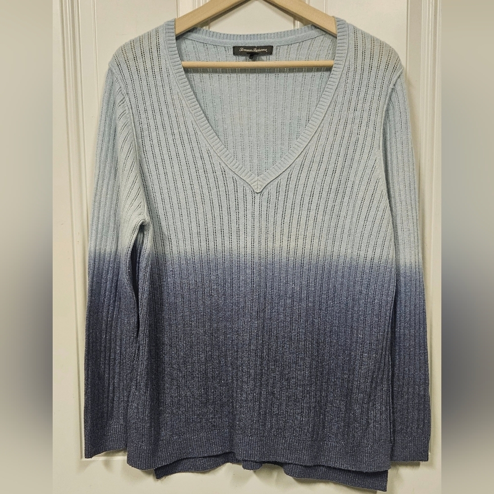 Tommy Bahama Women's Blue White Ombre Pointelle Long Sleeve Sweater Size L